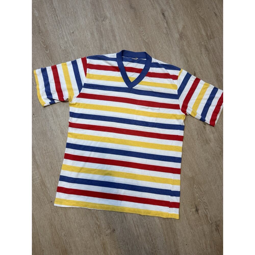 Vintage 80s 90s T-Shirt Mens Medium? Colorful Striped Single Stitch Retro RARE!